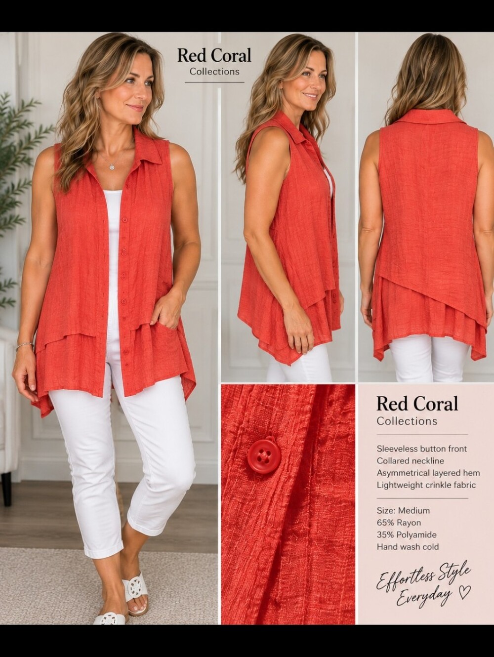 Red Coral Collections Asymmetrical Button Tunic Vest – M